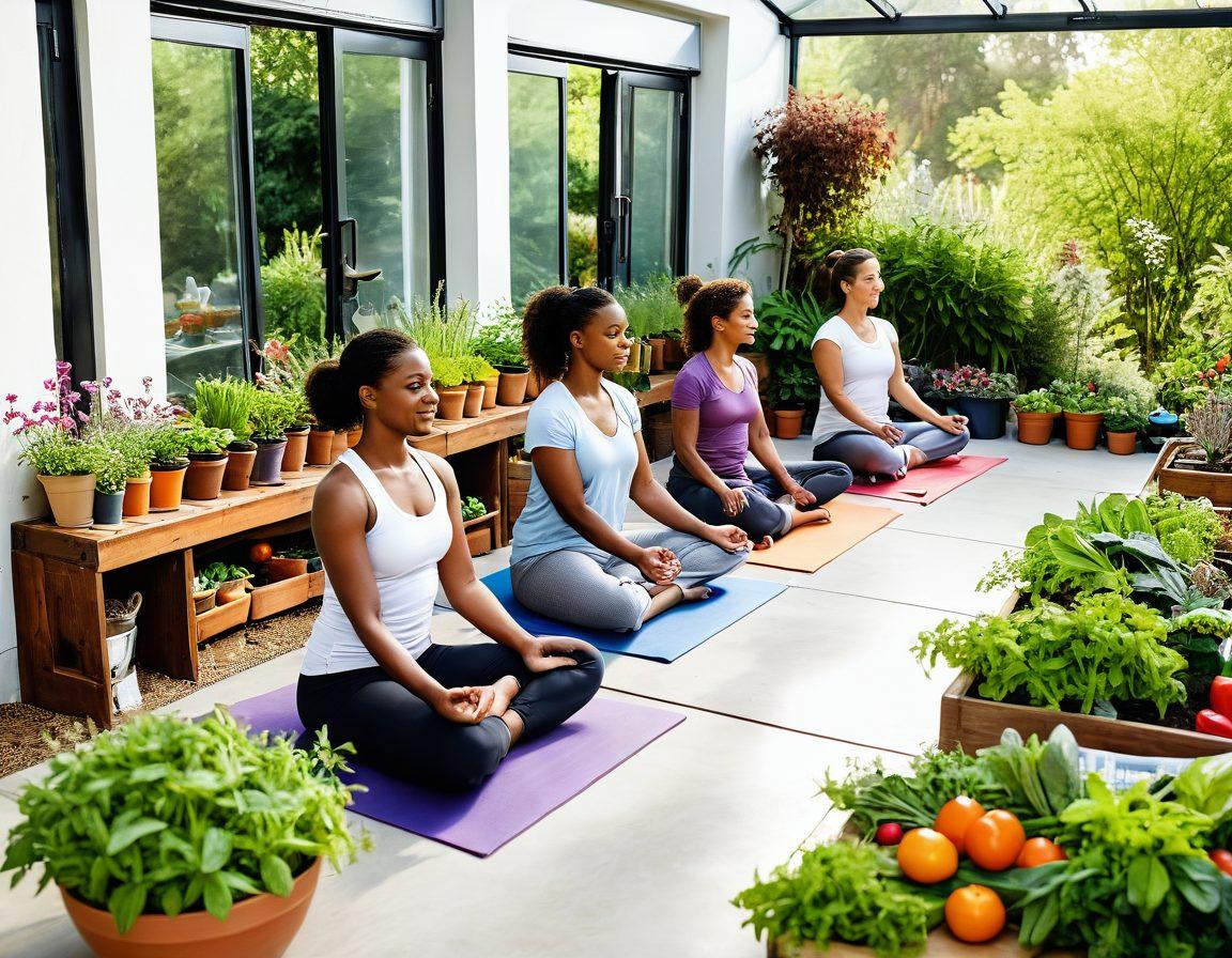 A serene scene depicting a diverse group of people engaged in various wellness activities, such as yoga, cooking healthy meals, and community gardening, all surrounded by vibrant greenery and sunlight. Incorporate elements of budget-friendly healthcare like discount flyers, reusable containers, and herbal remedies. The atmosphere is bright and uplifting, showcasing a sense of community and health. super-realistic. vibrant colors. white background.