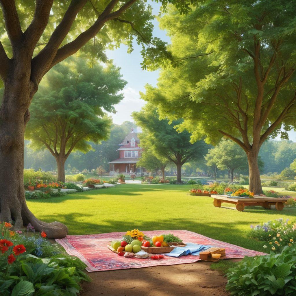 A serene landscape depicting a diverse community gathering in a park, engaging in wellness activities like yoga and meditation, surrounded by trees and flowers. Include elements that symbolize healthcare, such as a first aid kit and healthy food options. Bright, inviting colors to evoke a sense of harmony and vitality. super-realistic. vibrant colors. natural scenery.