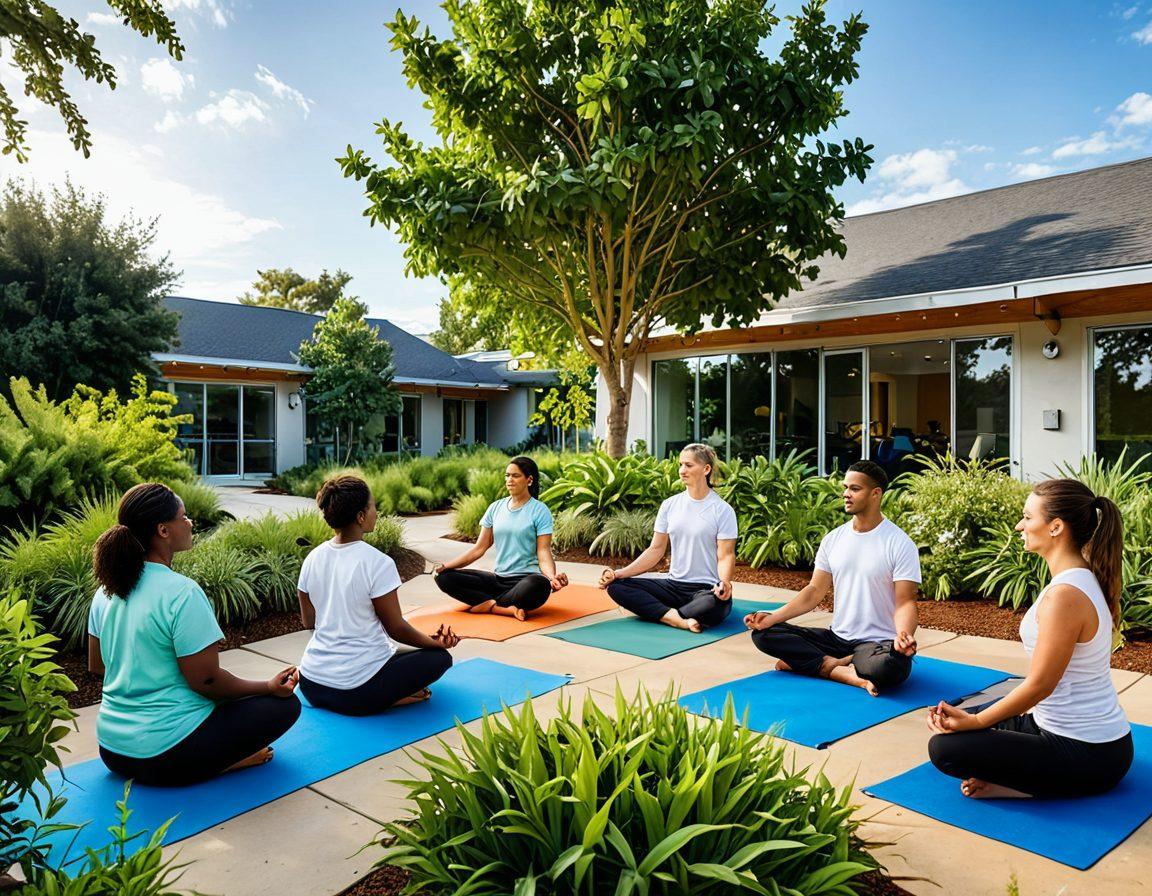 A serene landscape depicting a diverse group of people engaging in wellness activities like yoga, meditation, and consultation with a friendly healthcare professional. Include symbols of healthcare affordability, like coins and hearts scattered among plants symbolizing growth and health. The background should feature a bright sky and a welcoming community center, emphasizing unity and accessibility in healthcare. super-realistic. vibrant colors. warm atmosphere.